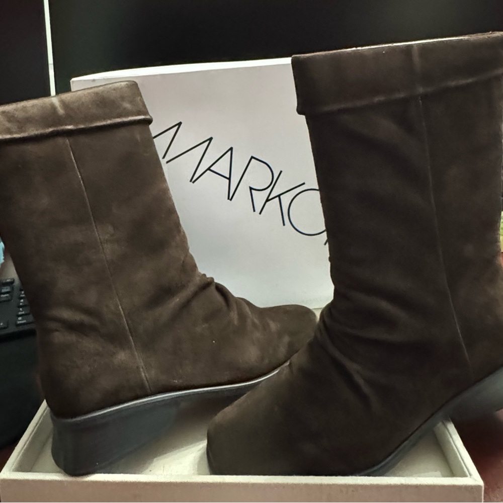 Dark Brown Suede Scrunch MidHeel Boots just in time for winter wearing!